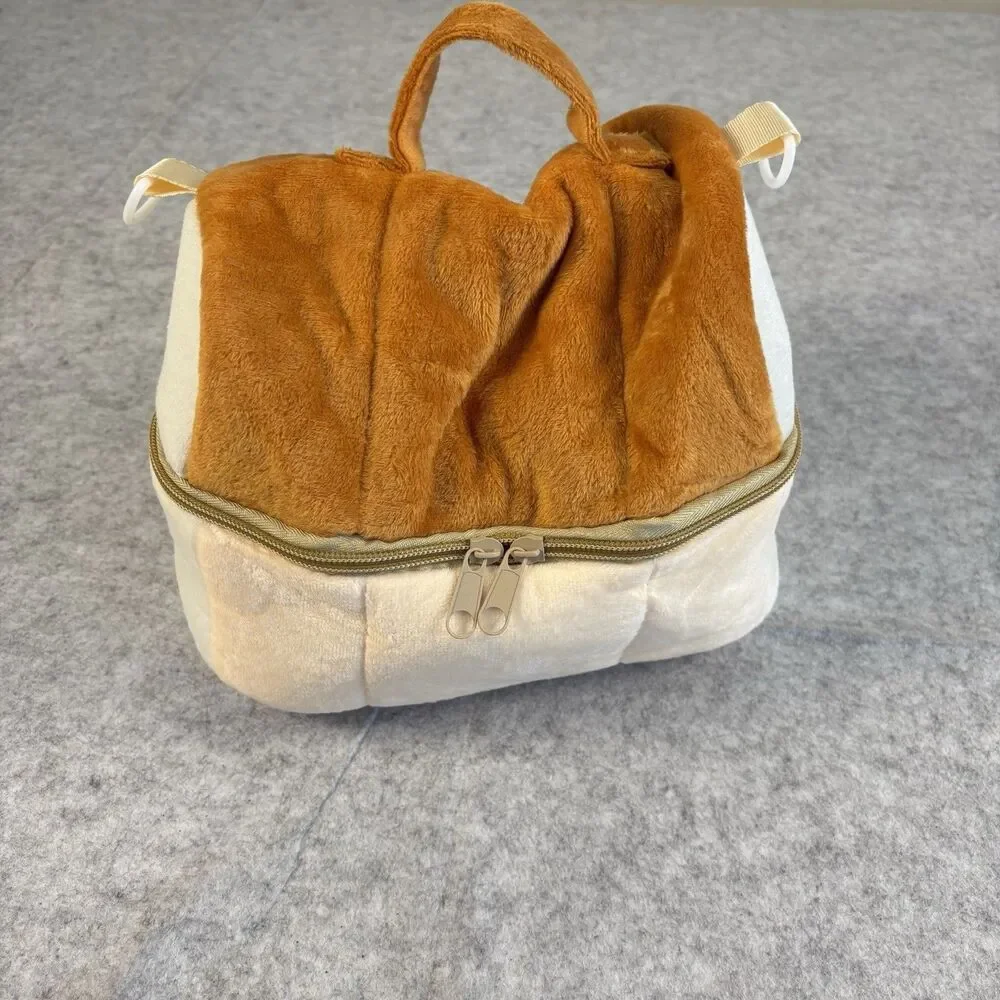 Plush Fuzzy Fleece Brown Beige Collapsible Zip Closure Makeup Bag 10